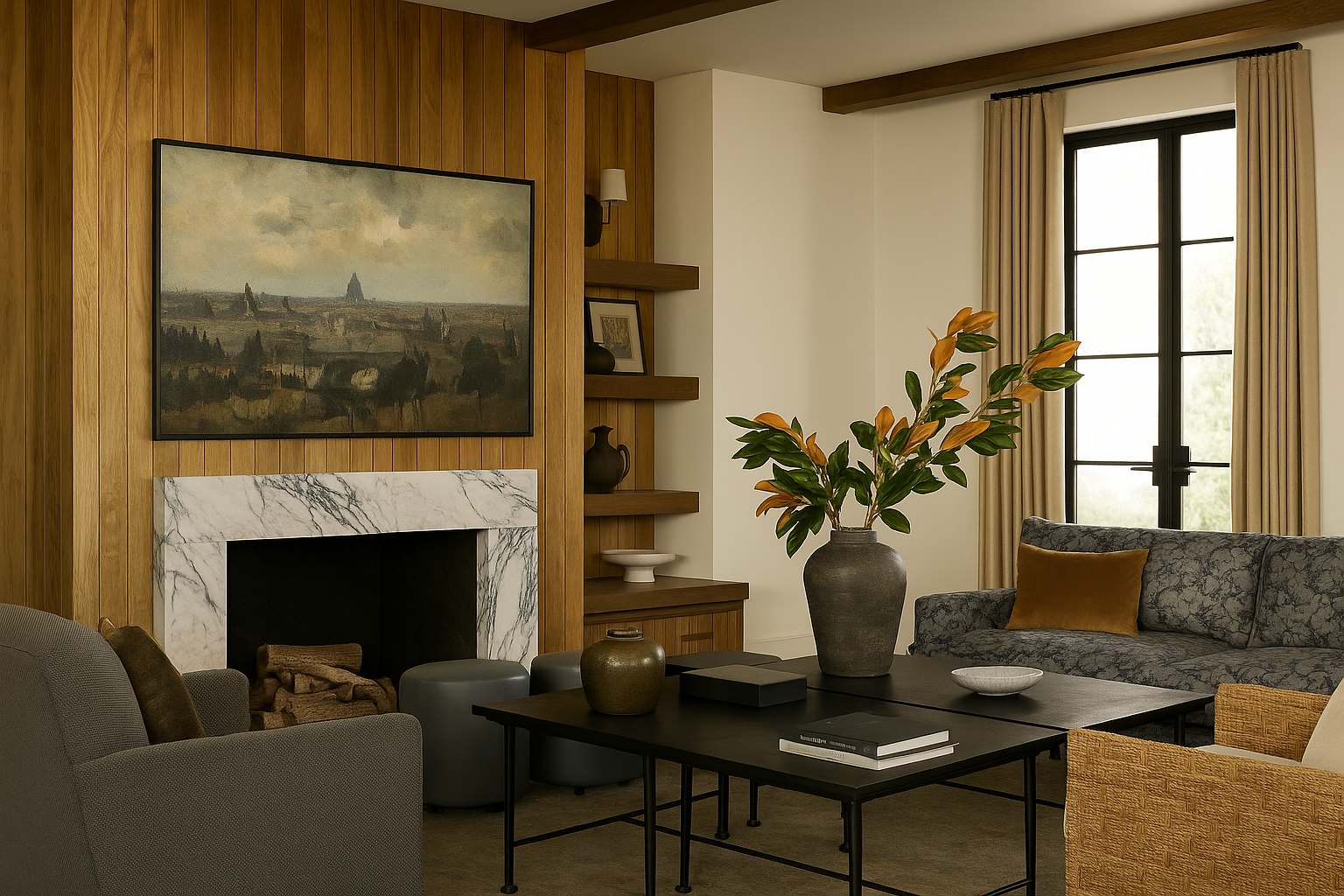 Inside a waterfront Newport Beach house with a modern English-country vibe