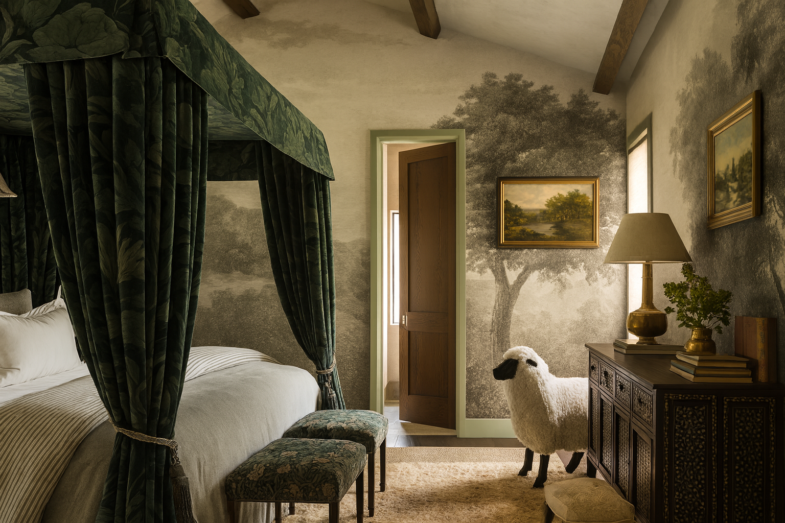 In This Atmospheric Primary Suite, a Moody Palette and European-Inspired Whimsy Collide