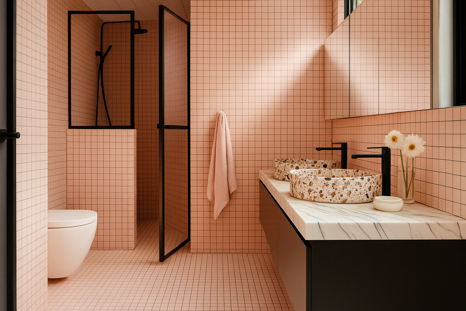 Brutalism and blush collide in this mid-century modern bathroom