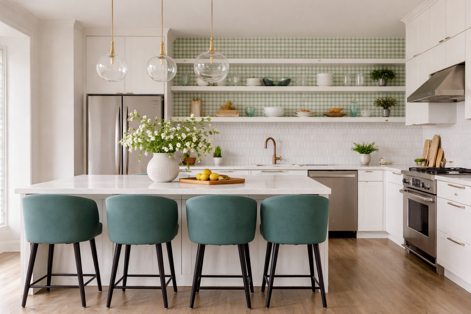 This Builder-Grade Kitchen Ditched All-White for Moody Merlot and Bold Wallpaper