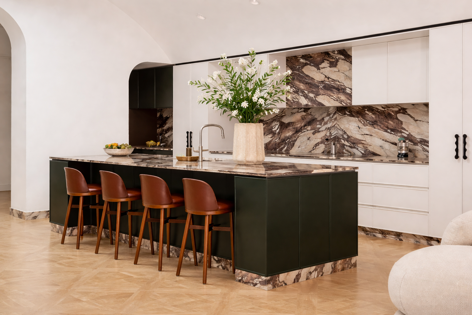 Beautiful burgundy: Red wine is the hero in this galley kitchen