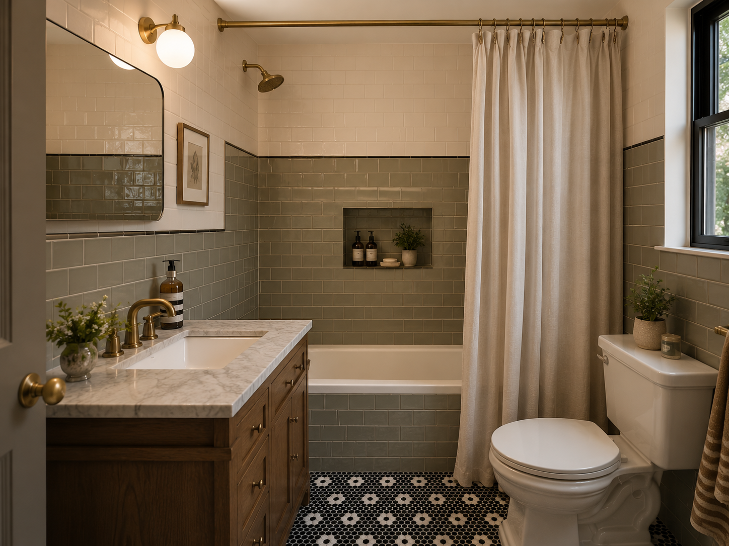 This 1928 Bathroom Had Peeling Molding, Office Ceiling Tiles, and Pink Grout — Now It Looks Timeless